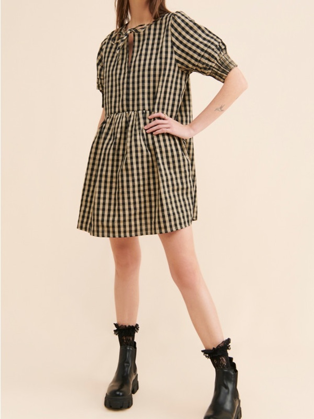 Anthropologie Afternoon Small Gingham Check Black & Beige Polly Mini Dress